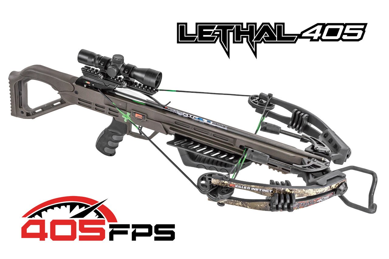 Killer Instinct Lethal 405, crossbow package, Killer Instinct crossbow, high-performance crossbow, hunting crossbow, precision crossbow, durable crossbow, bowhunting gear, target shooting crossbow, Lethal 405, powerful crossbow, stealth crossbow, crossbow accessories, all-in-one crossbow package, Killer Instinct archery.