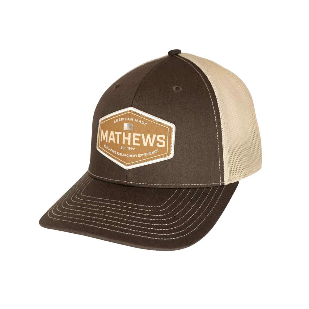 Mathews Traditions Hat, Richardson 112 profile, classic snapback hat, Mathews woven patch, cotton twill front panels, breathable mesh back, adjustable snapback, one size fits most, stylish outdoor hat, durable archery hat, modern classic design, comfortable snapback hat, versatile cap, Mathews apparel, archery gear, outdoor fashion hat.