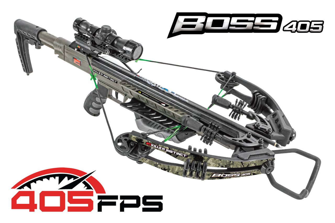 Killer Instinct Boss 405, crossbow package, Killer Instinct crossbow, high-performance crossbow, hunting crossbow, precision crossbow, durable crossbow, bowhunting gear, target shooting crossbow, Boss 405, powerful crossbow, stealth crossbow, crossbow accessories, all-in-one crossbow package, Killer Instinct archery.