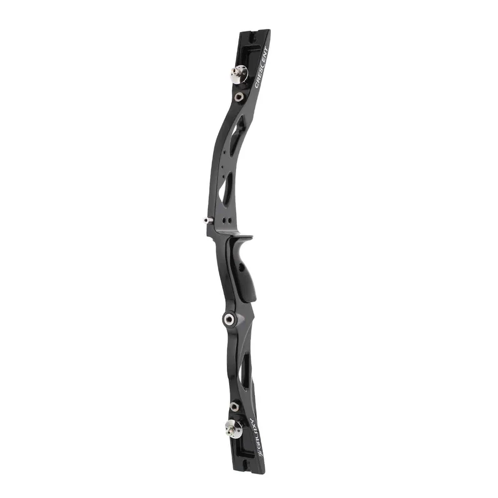 Galaxy Crescent, ILF recurve riser, 25" recurve riser, competitive archery, precision archery equipment, lightweight aluminum riser, customizable archery riser, ergonomic archery grip, advanced archery technology, archery stability, modern archery gear, durable archery riser, outdoor archery equipment, ILF limb compatibility, sleek archery design, consistent arrow flight, vibration reduction, archery customization, stylish archery riser, high-performance archery, versatile recurve riser.